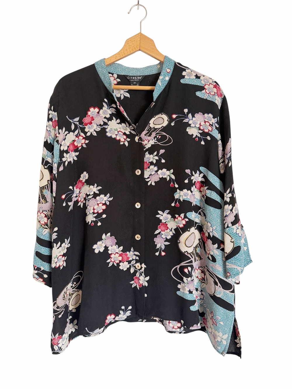 citron Santa Monica Silk Japanese Floral Motif Button Front Tunic Blouse size 2X